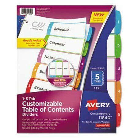 AVERY DENNISON Avery, CUSTOMIZABLE TOC READY INDEX MULTICOLOR DIVIDERS, 1-5, LETTER 11840